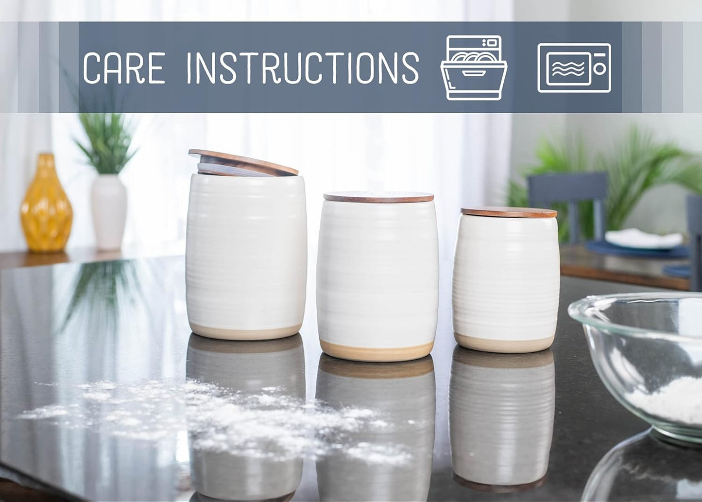 Nat & Jules Lidded Cream 6 inch Ceramic and Wood Kitchen Canisters Set of 3