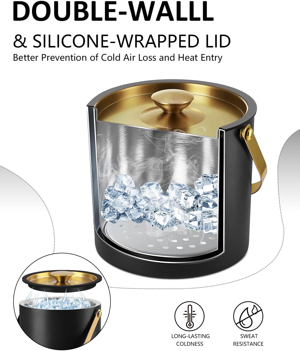 3L Ice Bucket with Silicone Lid, Scoop, Gold Tongs & Strainer, Stainless Steel Double Wall Insulated Ice Buckets for Parties & Cocktail Bar, Outdoor Champagne Ice Container Bin, Black