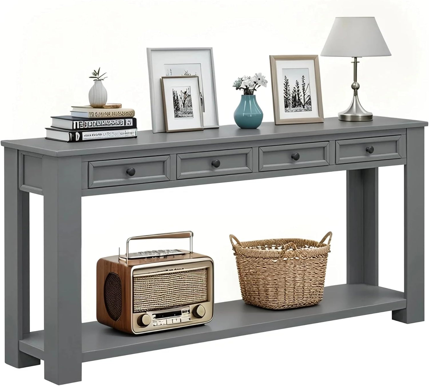 Solid Wood Console Table 63 in Long Sofa Table Entryway Table with 4 Drawers and Bottom Shelf for Hallway Living Room Couch Table,Fully Assembled,63" Tan