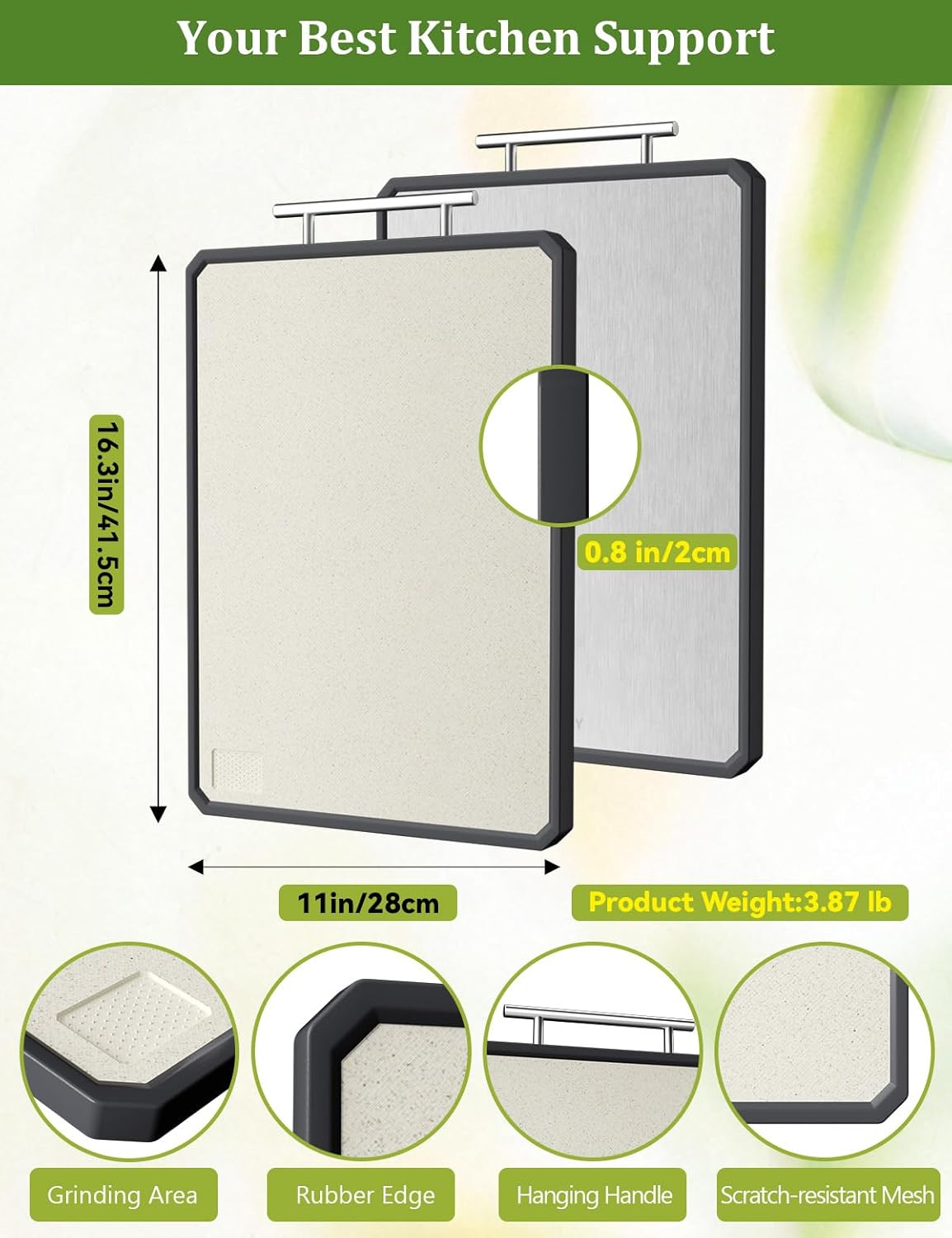 Titanium Cutting Boards for Kitchen, 2 in 1 Metal Cutting Board for Chopping Meat/Vegetables, Double Sided Pure Titanium&Wheat Straw PP Chopping Board, Food-Grade, Dishwasher Safe Large 16.3”×11-1 PC