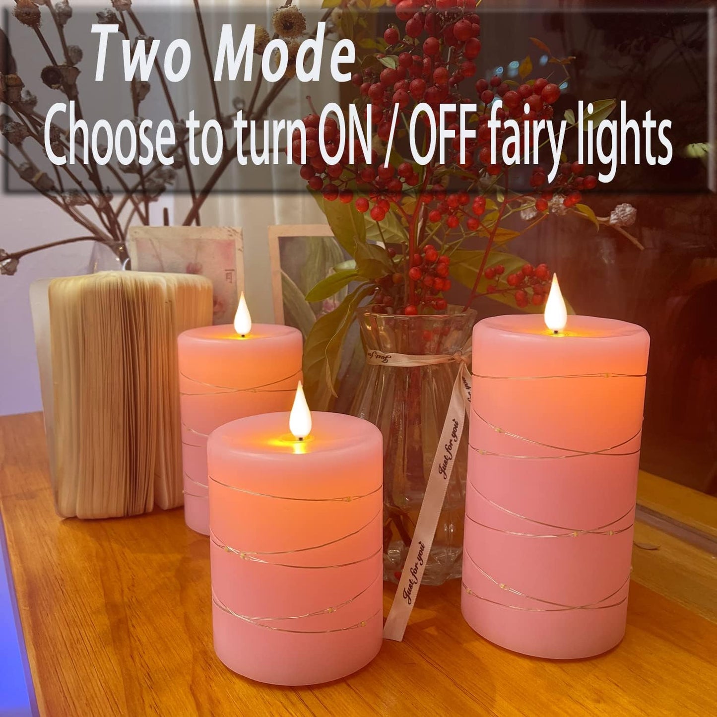 Pink Flameless Candles with String Lights Battery Operated Flickering LED Pillar Candles 4‘’ 5‘’ 6‘’ Candle with Remote Control, Set of 3