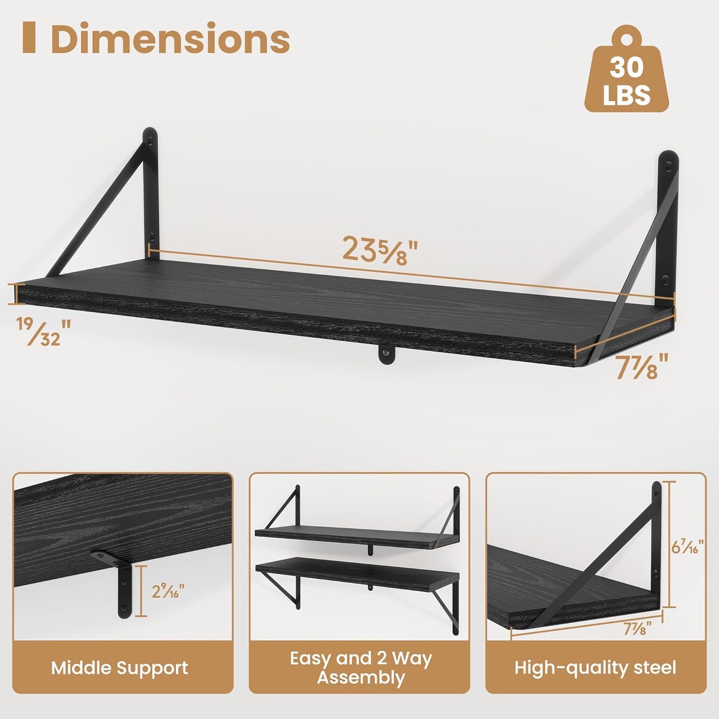 Heimlove 24 Inches Black Floating Shelves,8 Inches Deep Wall Bookshelf Mounted Display&Storage Wood Wall Shelves for Kitchen Bathroom Laundry Living Room,Set of 3