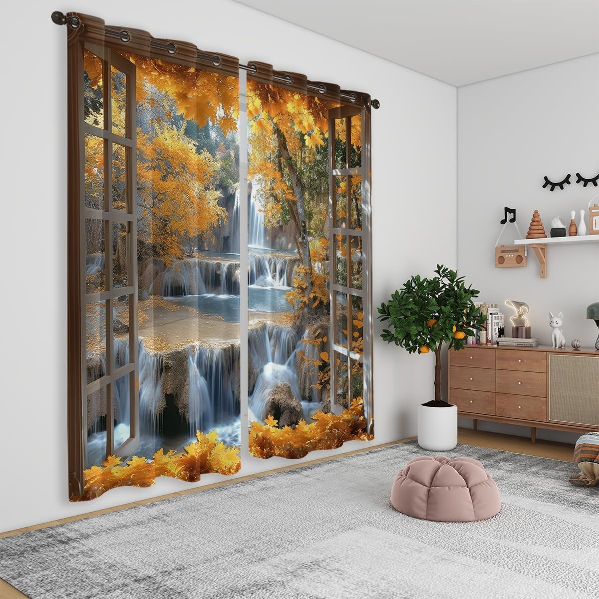 Landscape Blackout Curtains for Girls Boys Teens Home Decor, Nature 3D Autumn Fall Forest Maples Grommet Thermal Insulated Drapes Darkening Window Curtain for Bedroom Living Room, 72 x 63 Inch