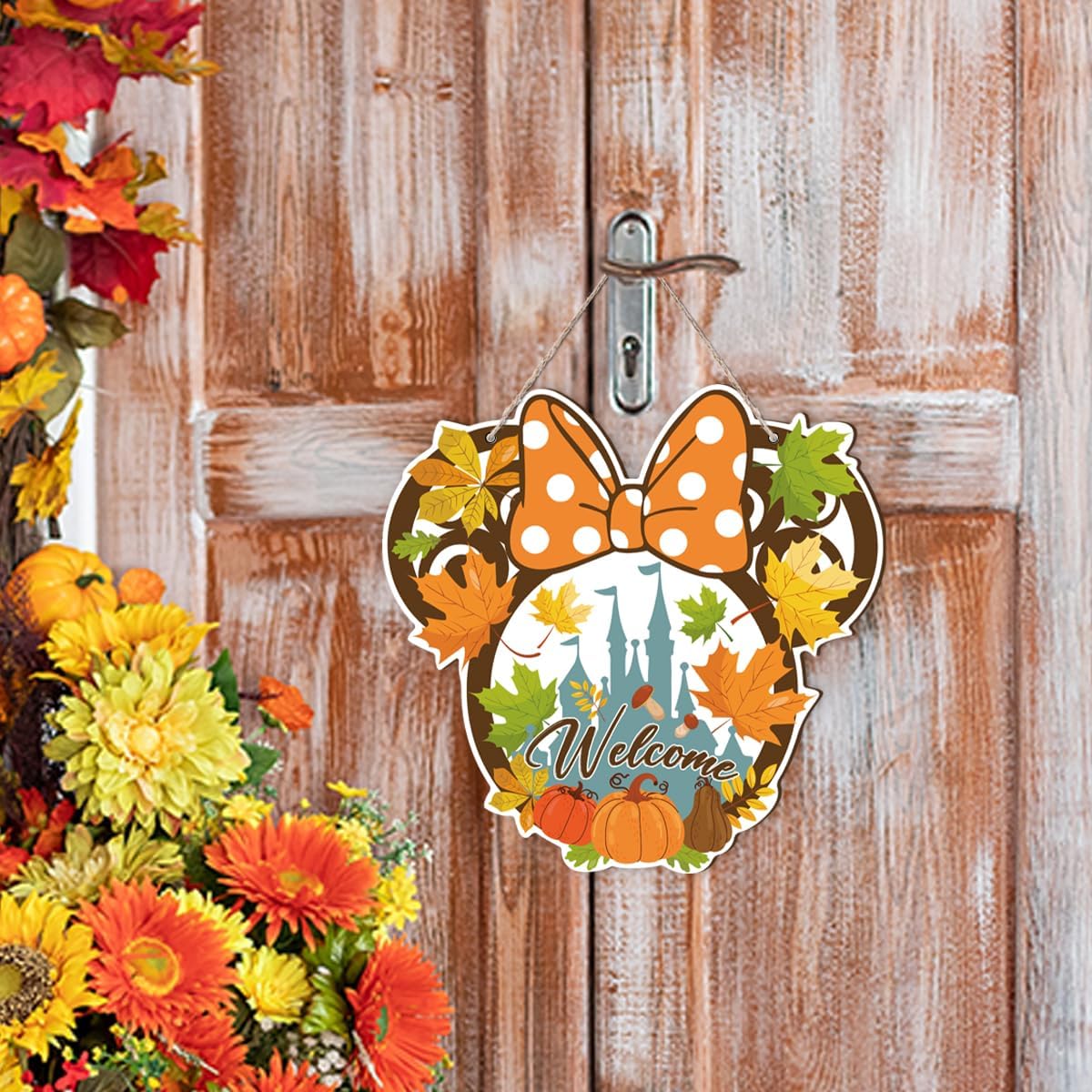 Fall Mouse Welcome Door Sign, Wooden Maple Leaves Mushroom Hanging Decor for Front Door, Fall Wood Wreath Wall Decor for Autumn Harvest Thanksgiving Home Decorations, Housewarming Gift
