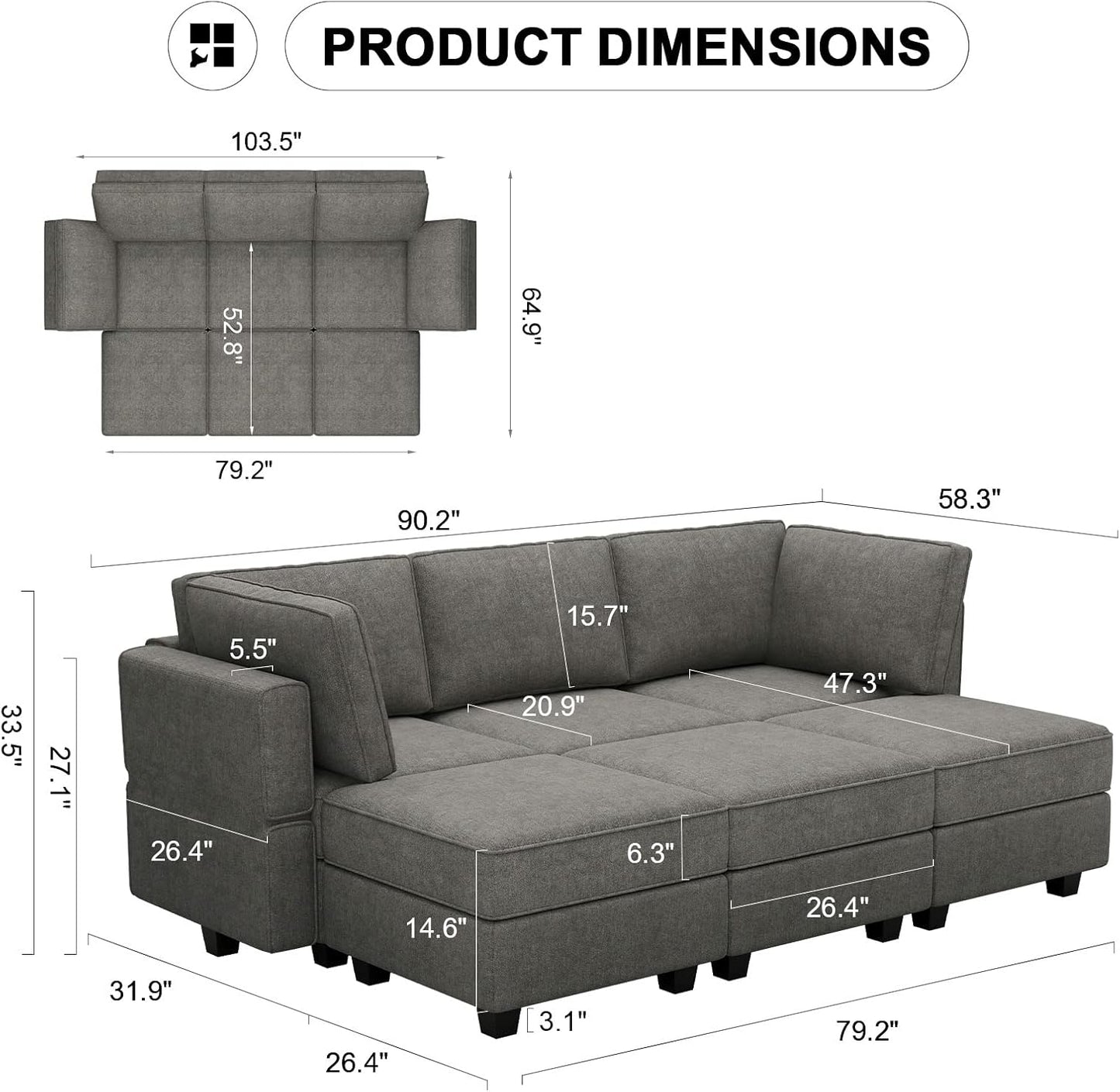 Belffin Terry Fabric Modular Sectional Sleeper Sofa Bed with Storage Convertible Sectional Couches for Living Room 6 Seaters Light Grey Modular Sofa