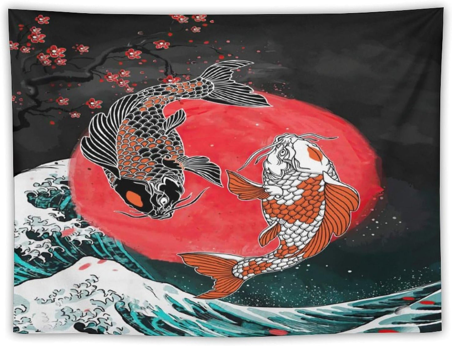 Houselerax Koi Fish Tapestries,Japanese Style Yin Yang Big Wave Cherry Blossoms Tapestry Wall Hanging for Bedroom Living Room Office Decor 80"x60"