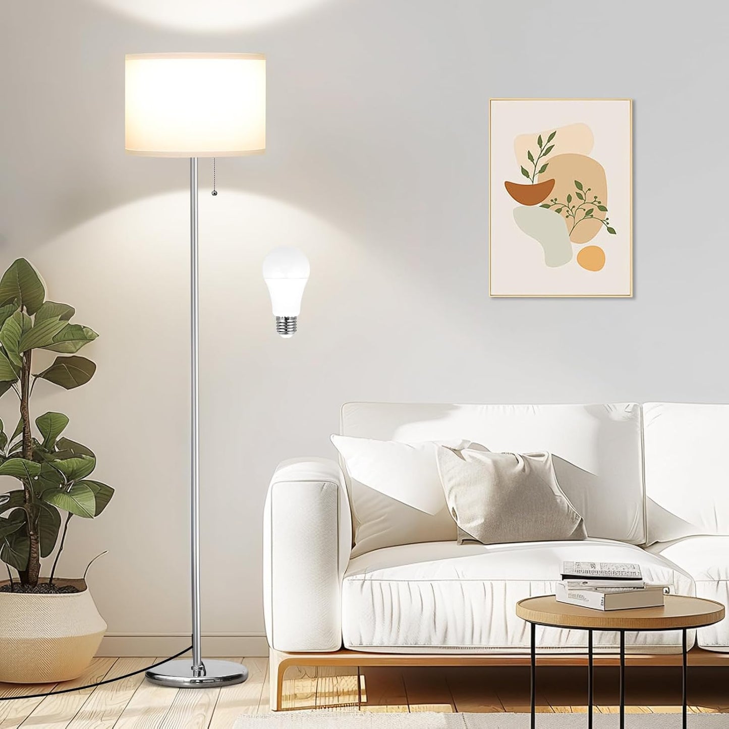 Ambimall Floor Lamps for Living Room with 3 Color Temperatures Bulb & Pull Chain Switch, 60" Modern Standing Floor Lamp for Bedroom Kids Room Study Room(White Shade & Silver Pole)