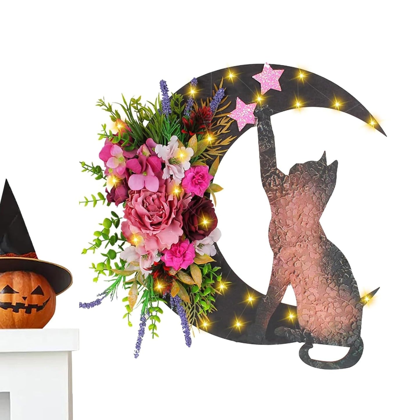 Halloween Wreaths for Front Door with Light, Black Cat Crescent Moon Wreath, Cute Cat Garland Halloween Door Decorations for Outdoor Indoor Decor Wall Window Home Party