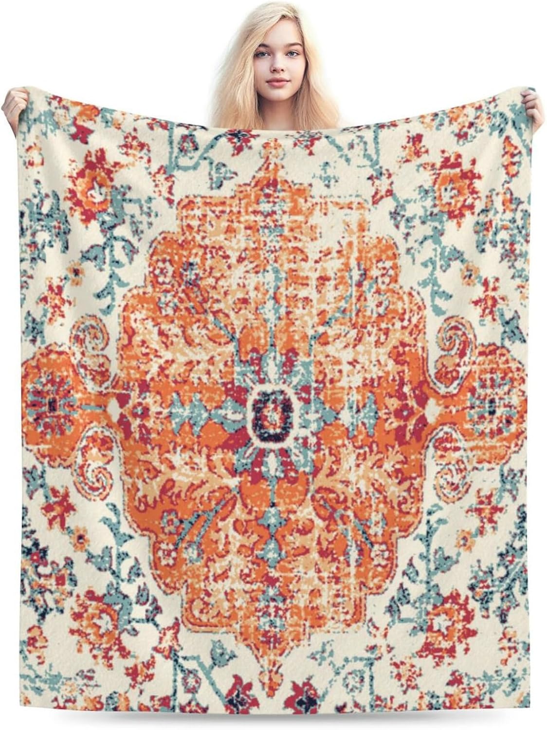 HGOD DESIGNS Carpet Pattern Throw Blanket Boho Style Ethnic Design Orange Blue Soft Blankets and Throws 40x50 Inch Caring for Women Men (100x130cm)