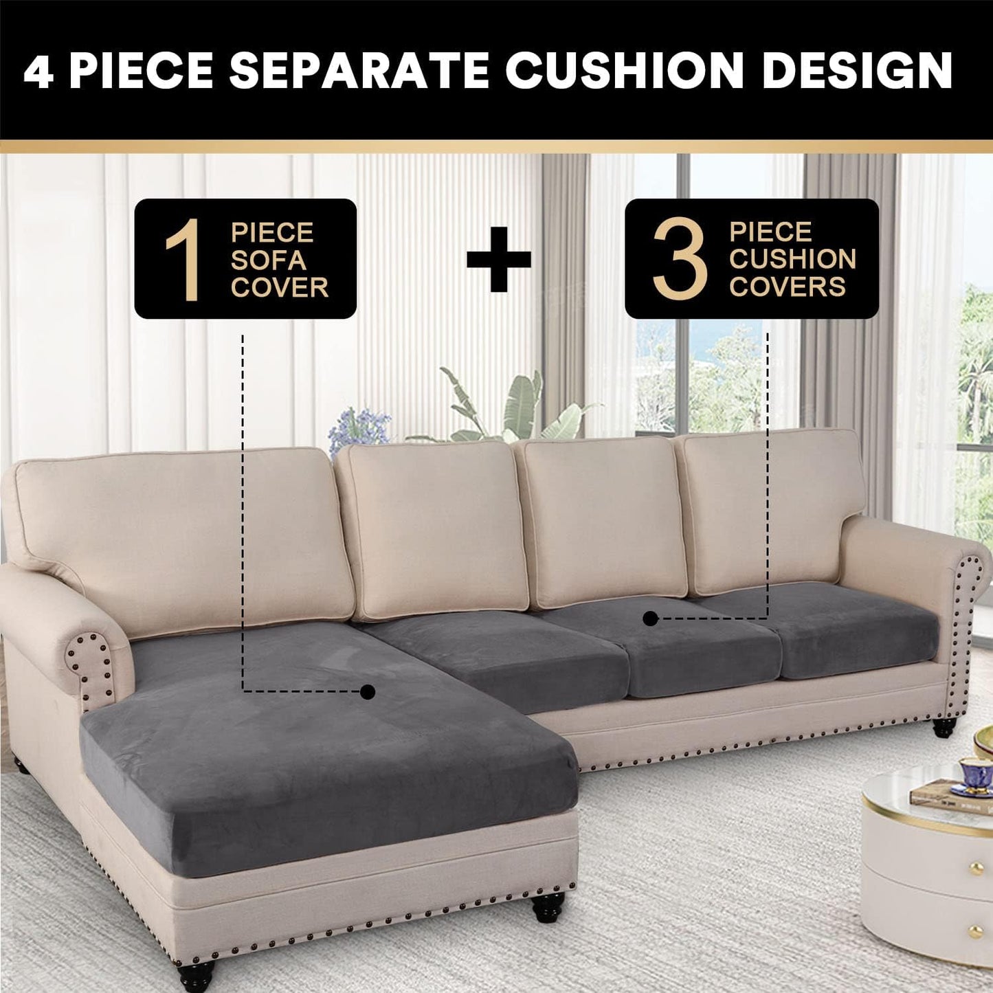 PrinceDeco Sectional Couch Covers 4 Pieces Velvet Separate Couch Cushion Covers L Shape for Left/Right Chaise Sectional Couch with Elastic Bottom (3 Seater + 1 Chaise,Grey)