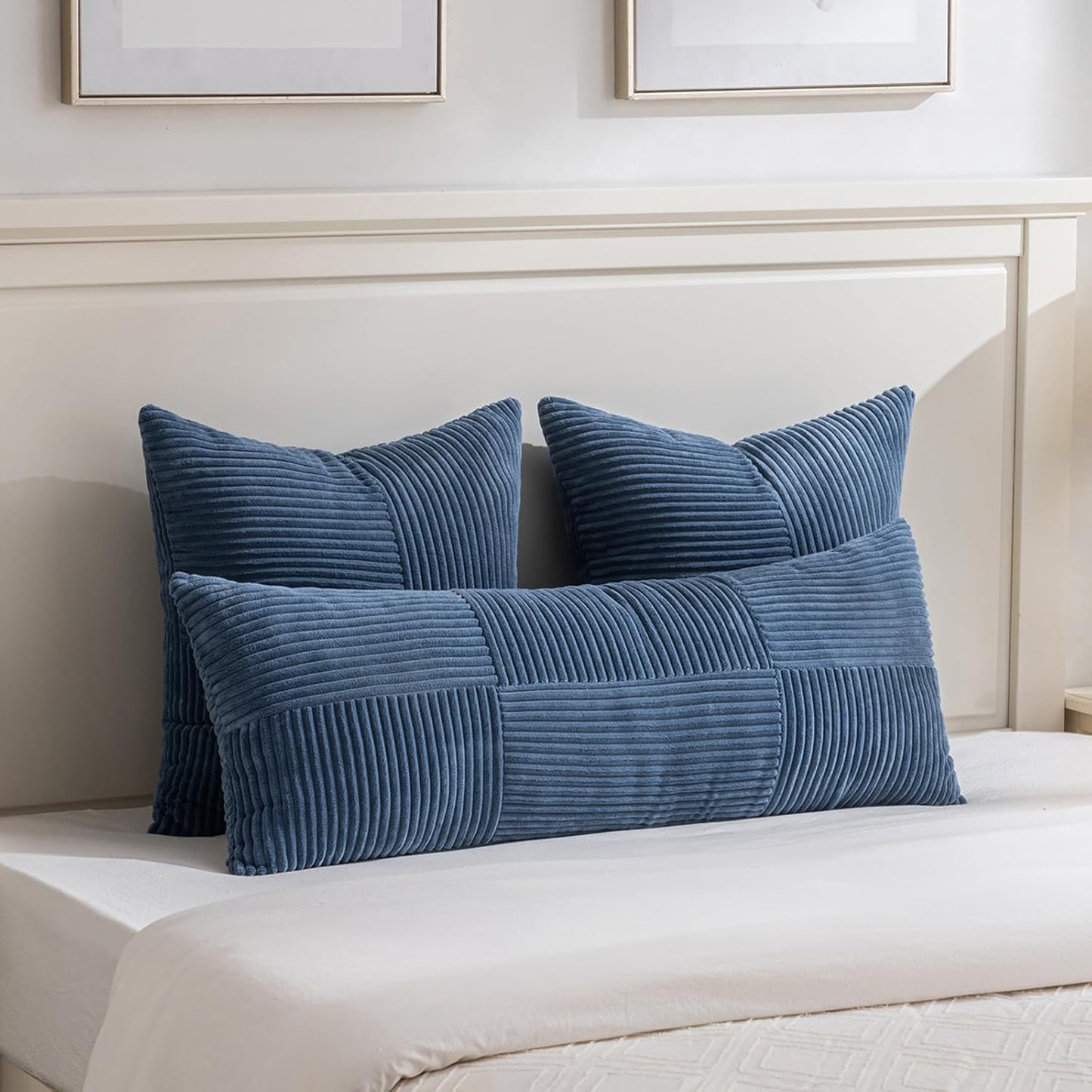 Fancy Homi 2 Packs Dusty Blue Decorative Throw Pillow Covers 22x22 Inch for Living Room Couch Bed Sofa, Farmhouse Boho Home Decor, Soft Corss Corduroy Patchwork Accent Square Cushion Case 55x55 cm