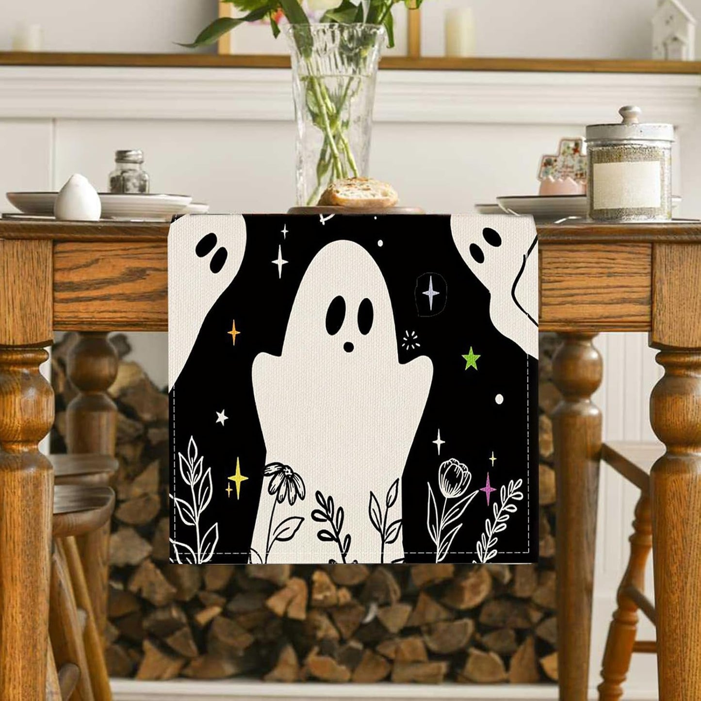 Halloween Black Table Runner Spooky Ghost Floral Boo Table Linen Runner Seasonal Holiday Kitchen Dining Table Decoration Halloween Decorations for Indoor Outdoor Home Party Decor 13x72 Inch