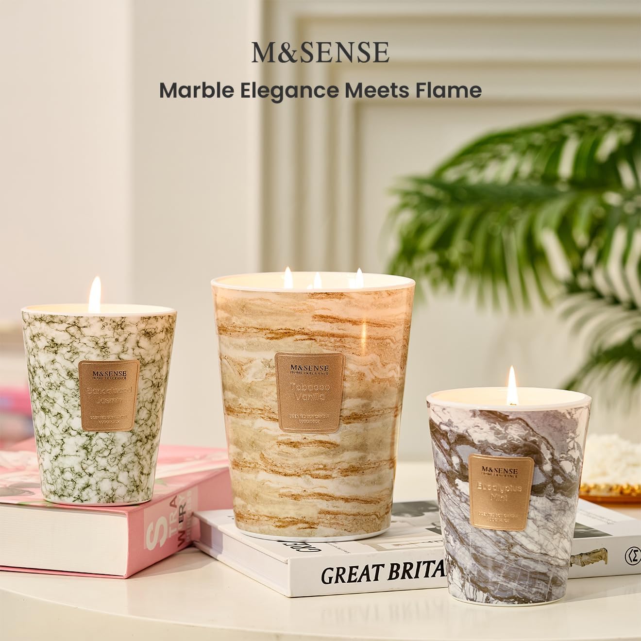 M&SENSE TobaccoVanilla Scented Candles for Home, 3-Wick Highly Scented Jar Candles, Extra Large Candle 35 Oz 150 Hours Long Lasting Burning, Relaxing Aromatherapy Candle for Stress Relief, Meditation