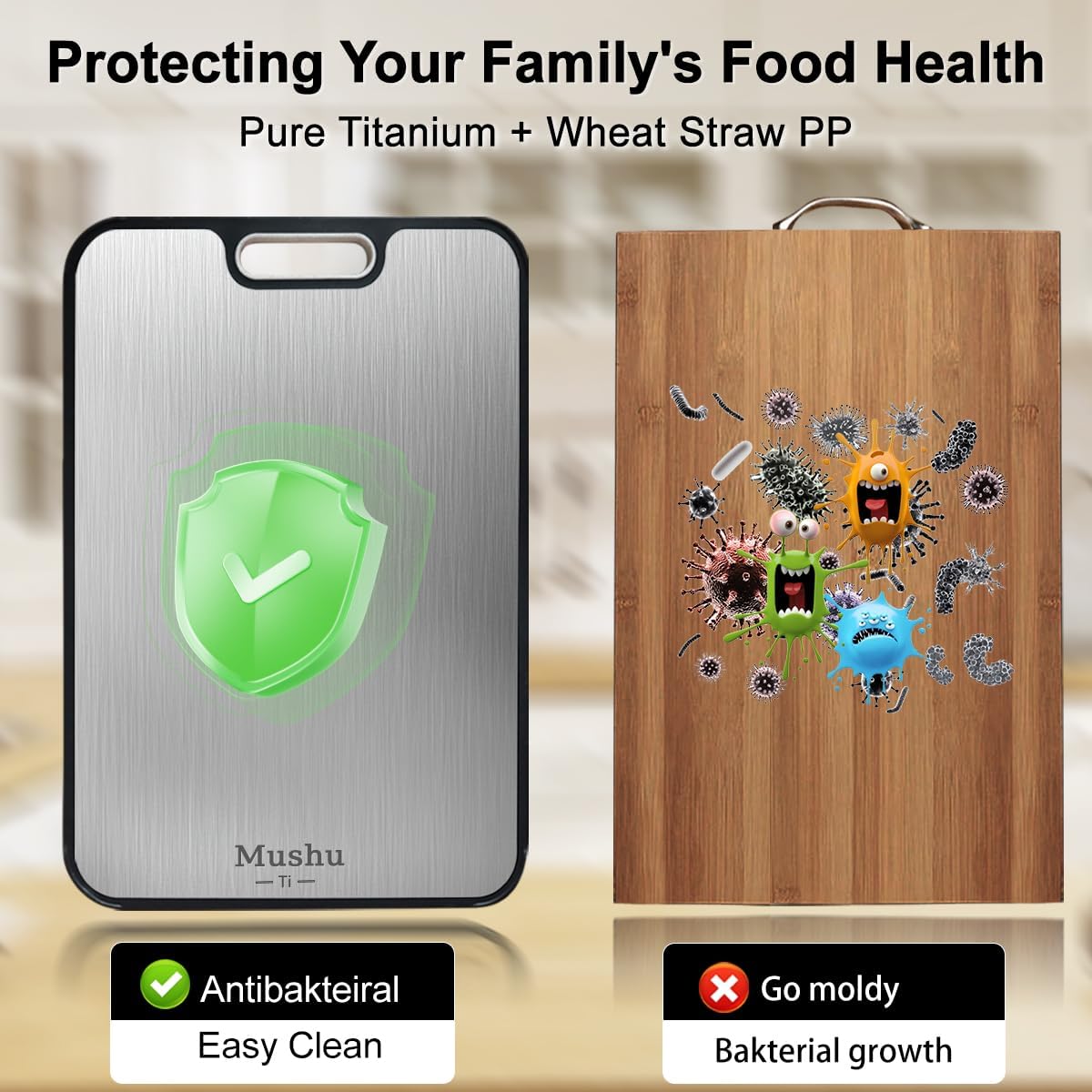 Mushu Titanium Cutting Boards for Kitchen,Upgrated Double Sided Food-Grade 100% Pure Titanium w/Wheat Straw PP Chopping Board for Meat Vegetable Fruit,Easy to Clean,Kitchen Gifts Large Size