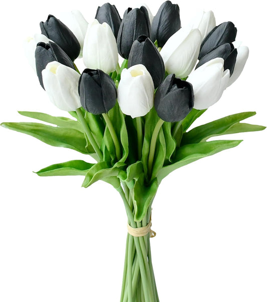 Mandy's Artificial Tulips 20 Stems Black and White PU Faux Flowers for Wedding Home Decor 13.5 Inch
