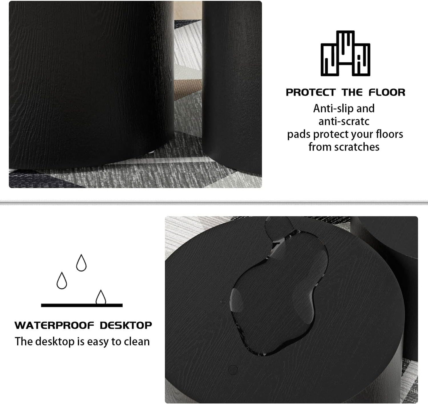 Nesting Coffee Table Set of 2, Modern Round Coffee Table with Non-Slip Feet, Wooden Circle Accent Tables for Small Spaces Living Room Bedroom Balcony Office Drum Side Table (Black)