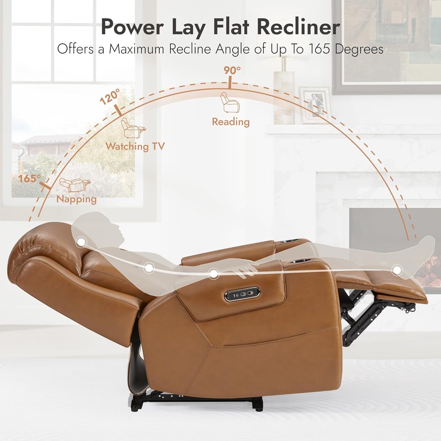 Watson & Whitely Genuine Leather Power Recliner Chairs for Adults, Lay Flat Recliner with Power Headrest, USB Ports and Cup Holders, Electric Reclining Sofa for Living Room, Bedroom, Saddle Brown