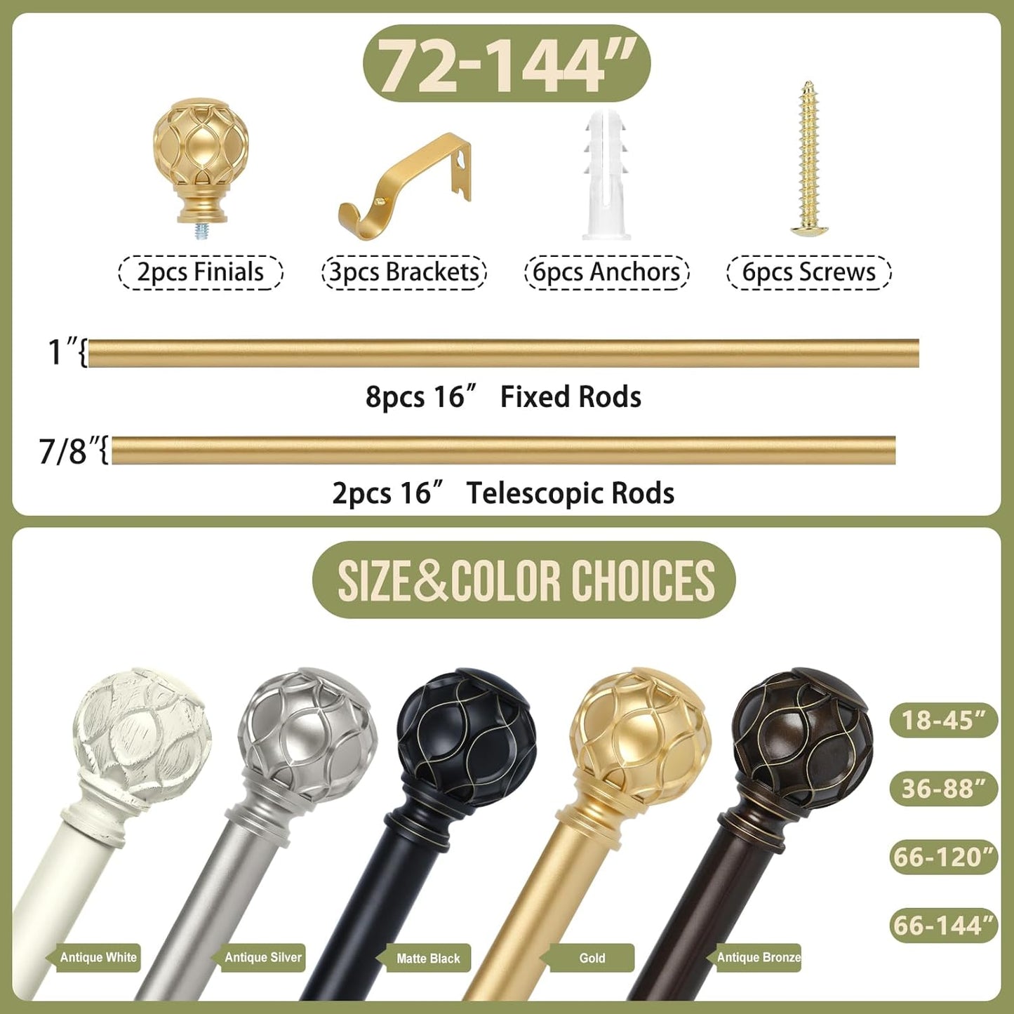 Gold Adjustable Curtain Rods for Windows:72-144 Inch Farmhouse Heavy Duty Long Curtain Rod for Bedroom Living Room,Boho Decorative Rustic Drapery Rods with Vintage Coastal Finials,Brass Gold