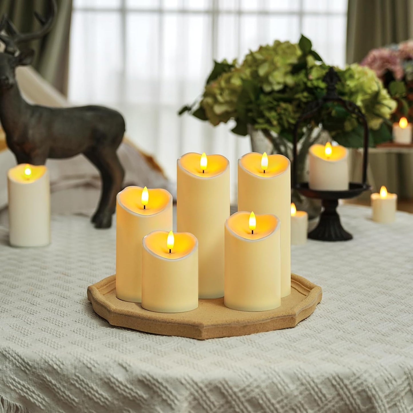 Homemory Outdoor Waterproof Flameless Candles, LED Candles, Battery Operated Candles with Remote and Timers, Electric Fake Plastic Pillar Candles, Dark Ivory, D3 H4 5" 6" 8" 8", Set of 5