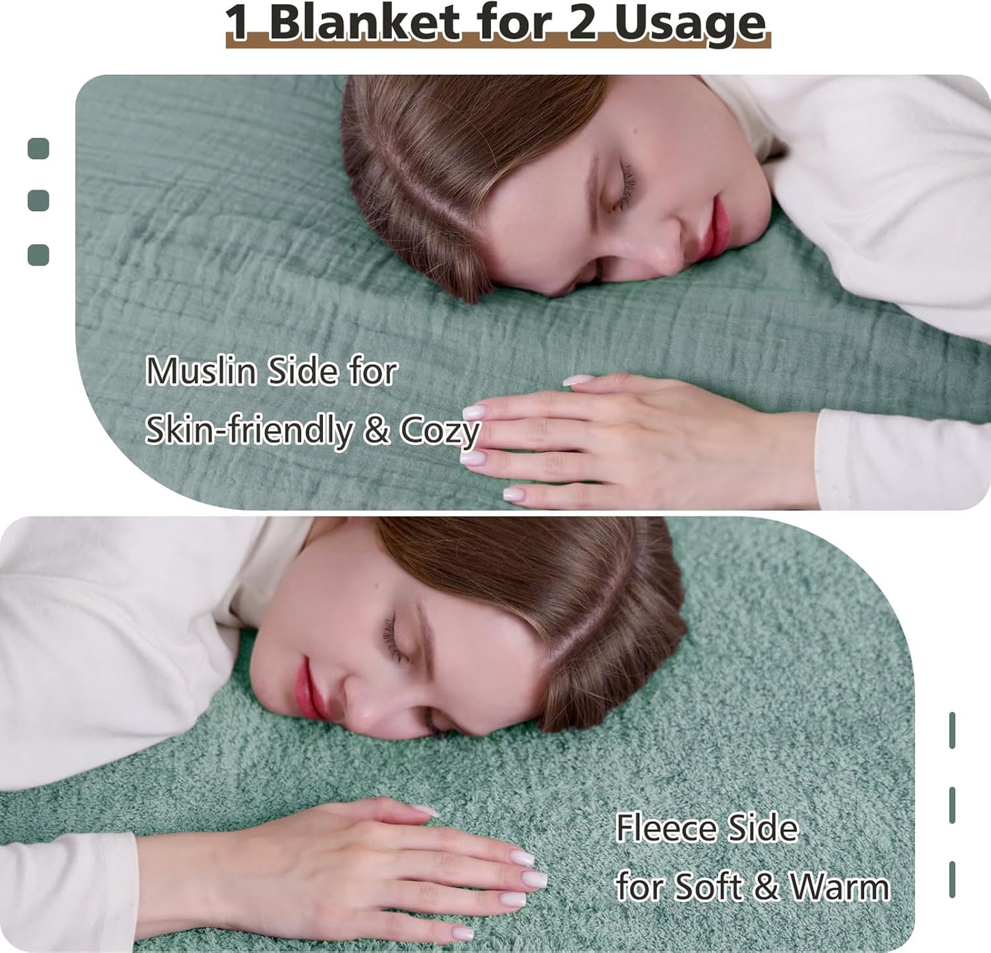 EMME Muslin and Fleece Throw Blanket Reversible - 50"*60" Teal Soft Warm Throw Blankets for Couch Bed Picnic Travel Bed