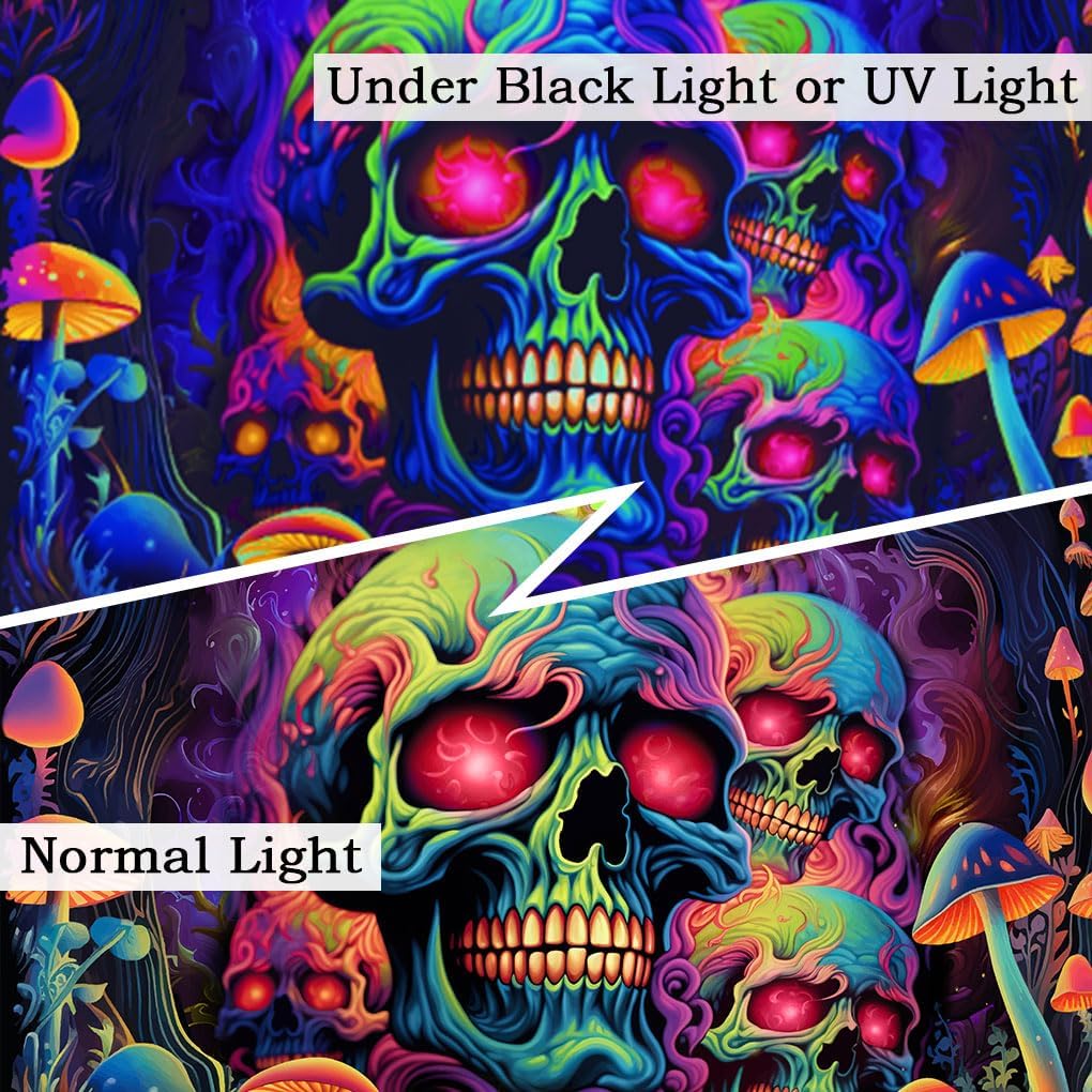 Skull Blacklight Tapestry, UV Reactive Skeleton Tapestry Trippy for Bedroom, Black Light Posters for Adults, Halloween Horror Wall Glow in Dark Tapestry Aesthetic Living Room Dorm Decor 60x51IN