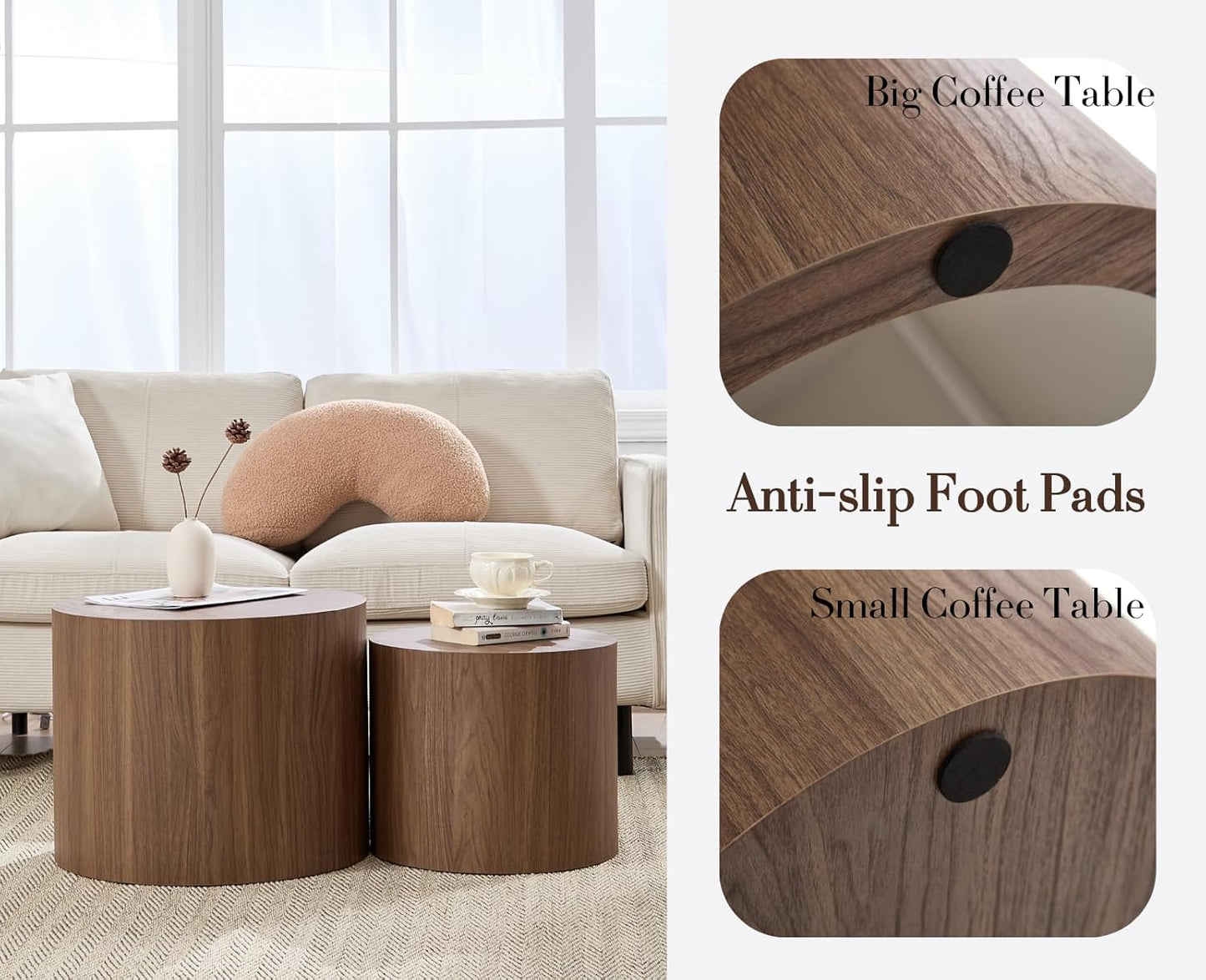 EALSON Nesting Coffee Tables Set of 2 Farmhouse Small Round End Tables Modern Wood Circle Side Table Drum Table for Living Room Small Spaces Bedroom Balcony, No Assembly, Walnut