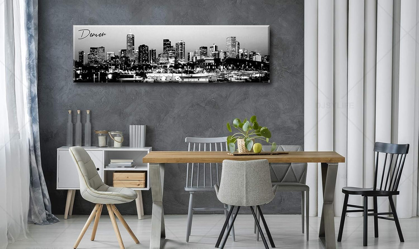 Black and White Wall Art Denver Skyline Cityscape Skyscrapers Canvas Print Painting Landscape USA City Buildings Pictures Modern Artwork for Man Room Office Living Room Decoration 13.8"x47.3"