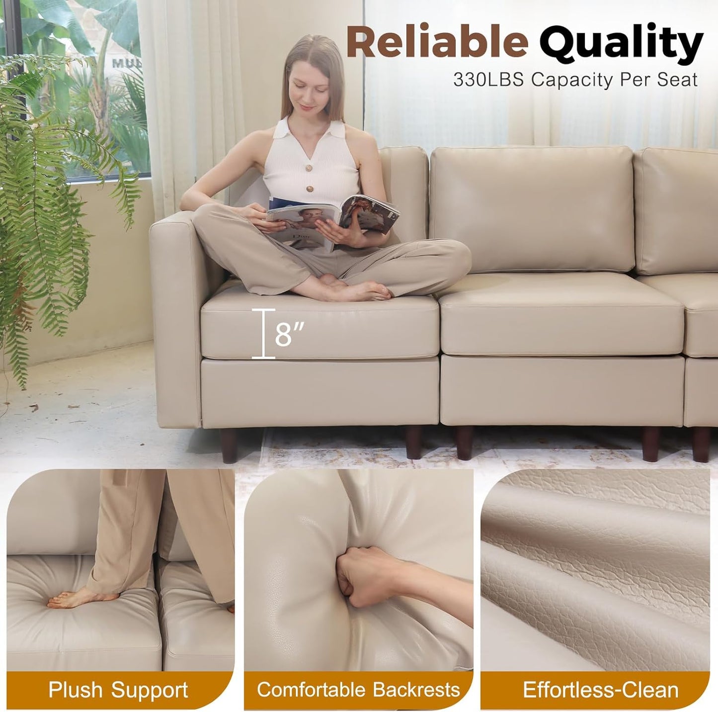 91.5" Faux Leather U Shaped Modular Sectional Sofa, 5 Seater Couch with Movable Ottoman Deep Seat and Storage Seat with Removable Cover for Living Room, Apartment - Whitesand