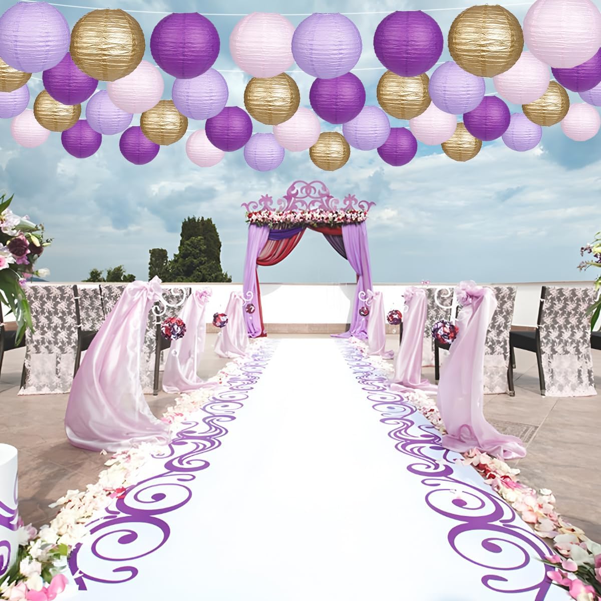 Paper Lanterns Purple Gold Round Hanging Chinese Lanterns for Birthday Baby Shower Bachelorette Party Decorations Pack of 12