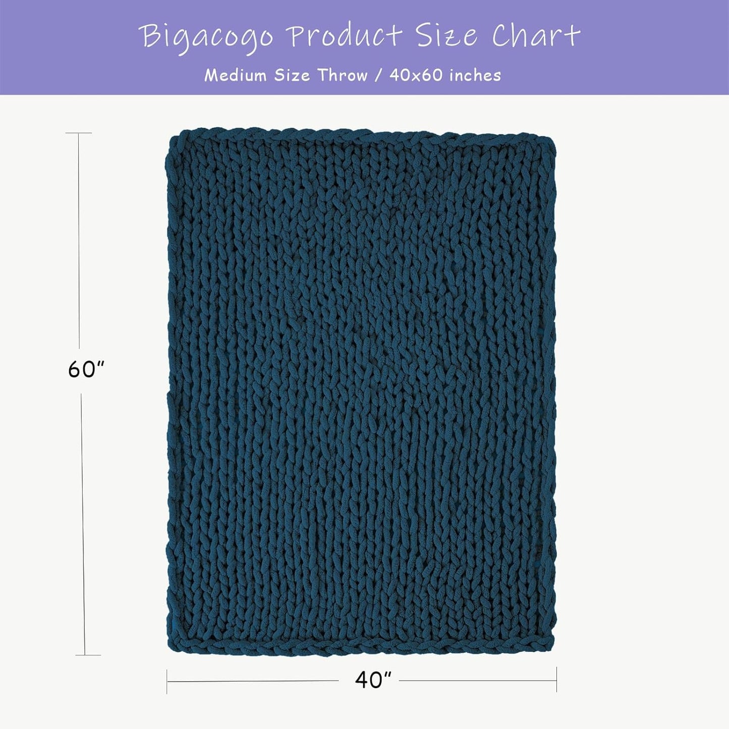 Bigacogo Chunky Knit Throw Blanket for Couch, 40x60 inches, 100% Hand Knitted with Thick Jumbo Chenille Yarn, Cozy Soft Large Rope Knot Cable Crochet Blankets for Sofa Bed Living Room, Deep Sea Blue