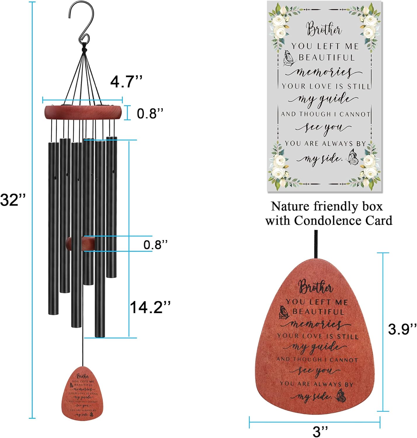 Memgift Sympathy Wind Chime for Loss of Brother - Beech Wood Memorial Wind Chime - Bereavement Gift for Loved One - Outdoor Remembrance Wind Chimes for Garden, Patio, Yard 32 Inch