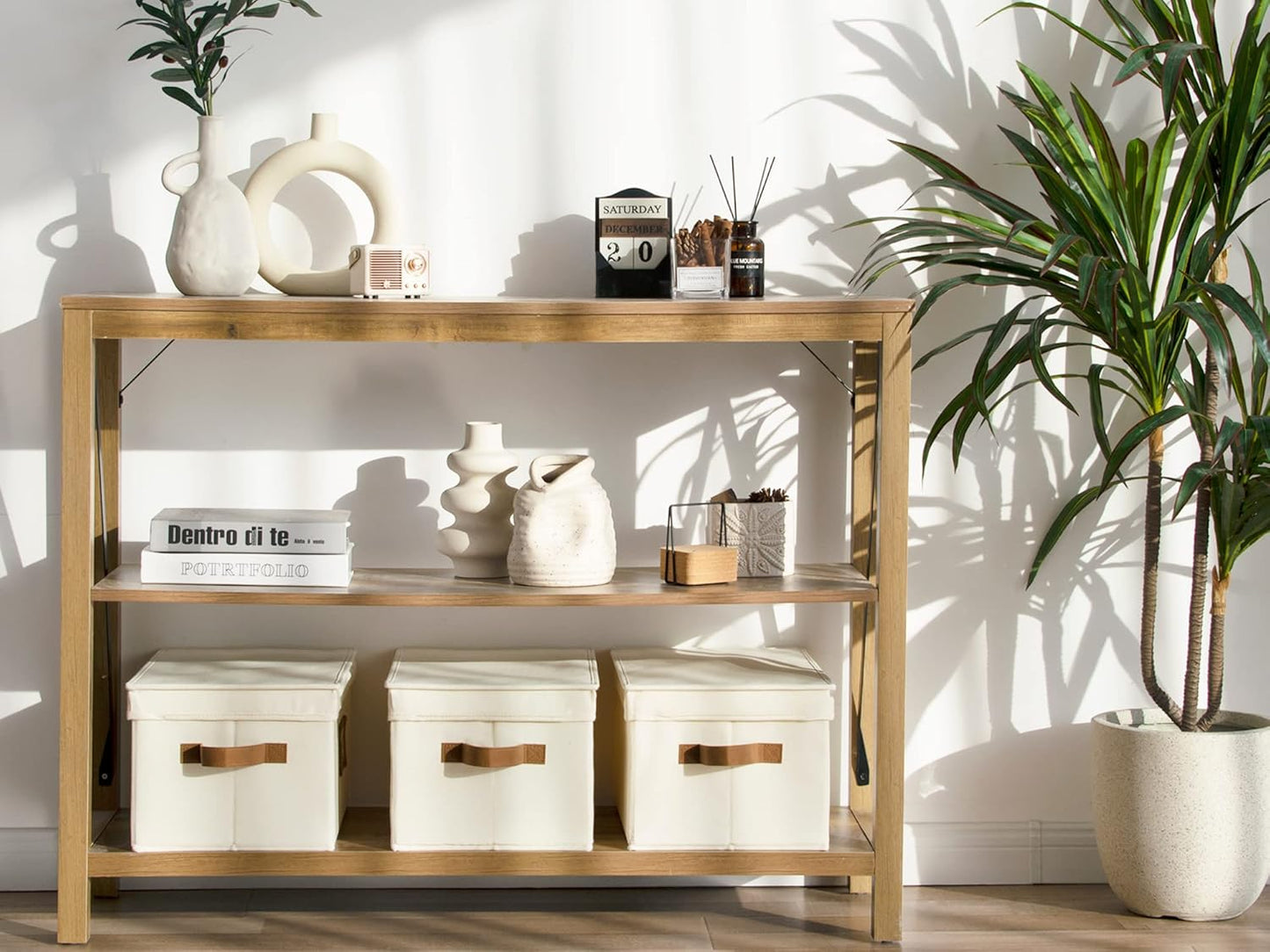 StorageWorks Large Storage Bins with Lids, Decorative Storage Boxes with Lid and PU Handles, Foldable Storage Baskets for Closet, Shelves, Stackable, Ivory, 3-Pack