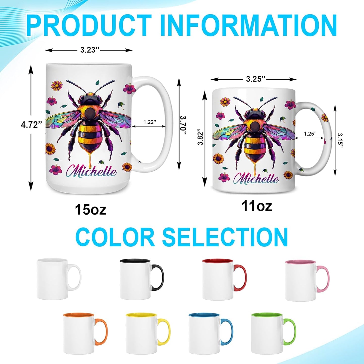 Hyturtle Personalized Colorful Bee Mug - Bee Keeper Gifts For Women Lovers Teacher - Honey Gifts For Beekeeper Farmer On Birthday - Queen Honeycomb Decor - Custom Coffee Cup Ceramic Mug 11 Oz 15 Oz