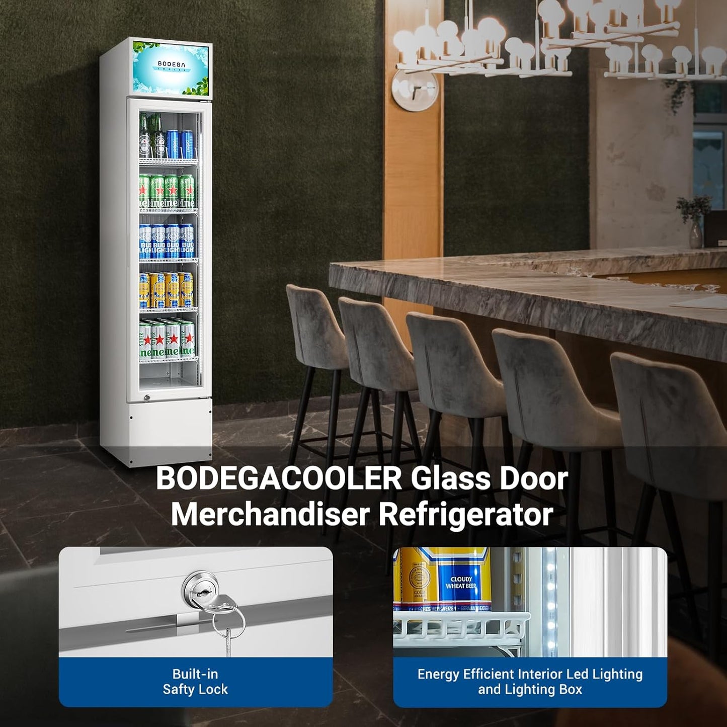BODEGACOOLER 5.7 Cu.Ft Commercial Beverage Refrigerator,Commercial Cooler Refrigerators Glass Door Display Fridge for Bar,Drink,Tall Drink Cooler for Parties,Slim Single Door Display Fride
