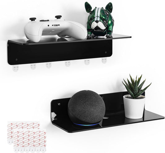 OAPRIRE Black Acrylic Floating Shelves Set of 2 - Damage Free Expand Wall Space - 12 Inch Wall Shelves with Strong Adhesive for Bathroom, Bedroom, etc