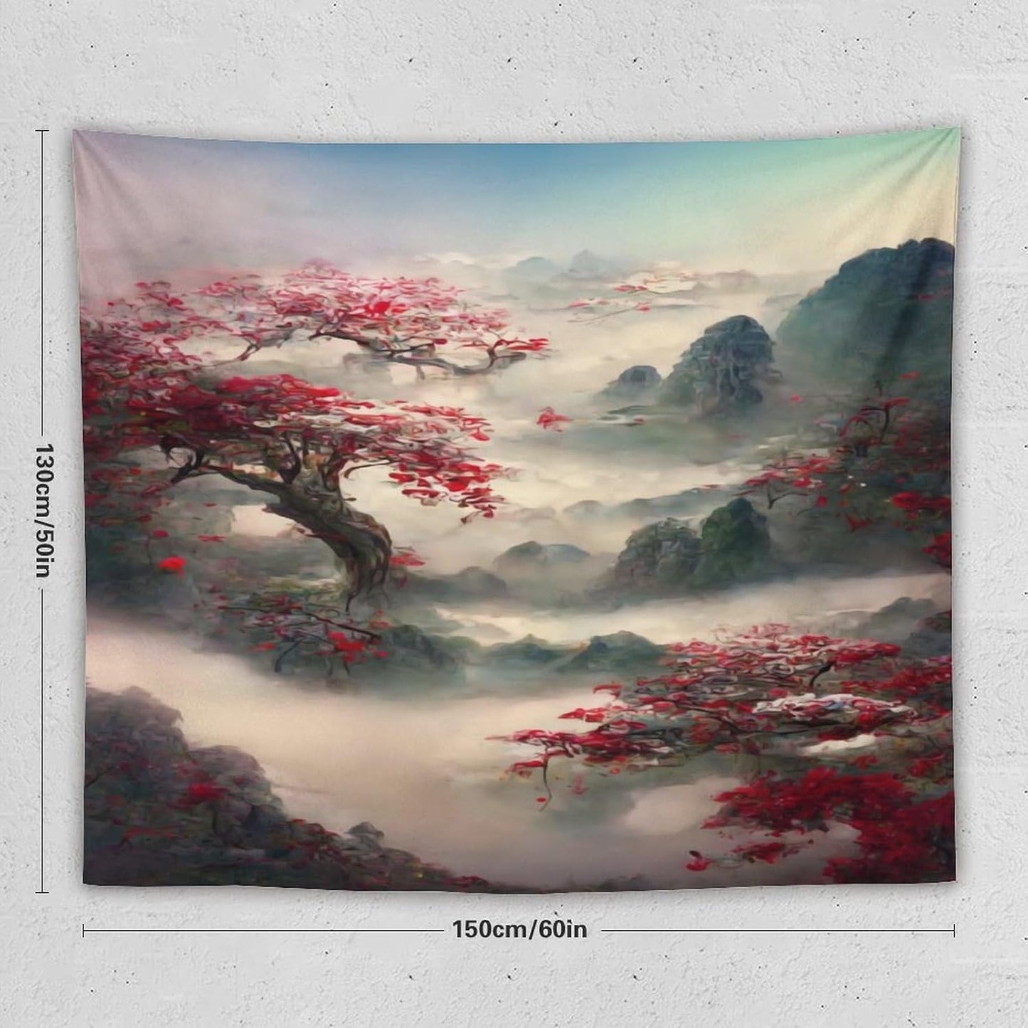 Japanese Tapestry, Red Plum Cherry Blossom Mountain Tapestry, Asian Japanese Wall Tapestry, Nature Landscape Tapestries for Bedroom Living Room Decor 60"x50"