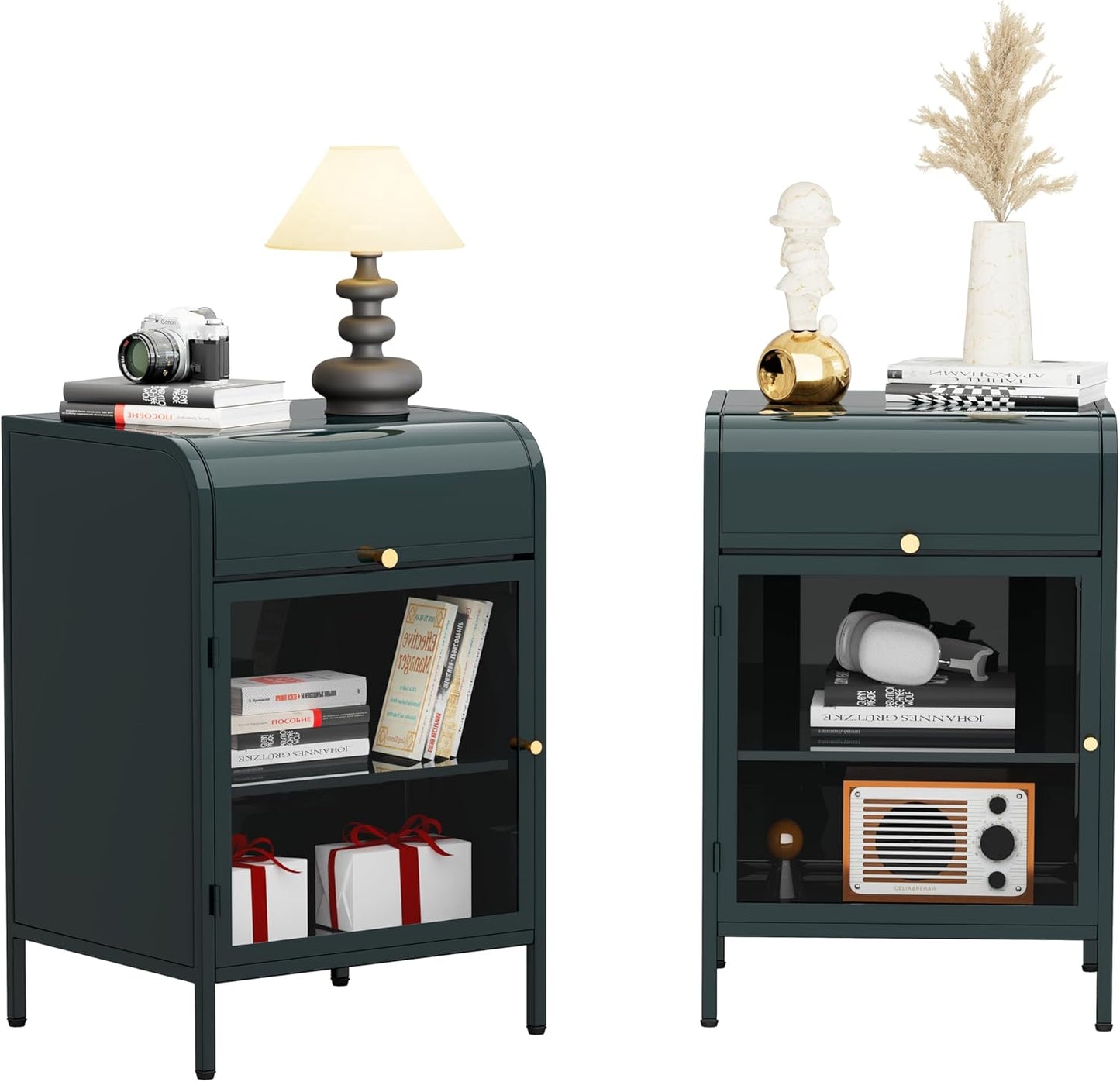 Modern Metal Side Tables Set of 2, End Tables with Glass Door, 2-Tier Nightstands with Storage Shelves, Accent Table, Slim Sofa Table for Living Room, Bedroom (Green)