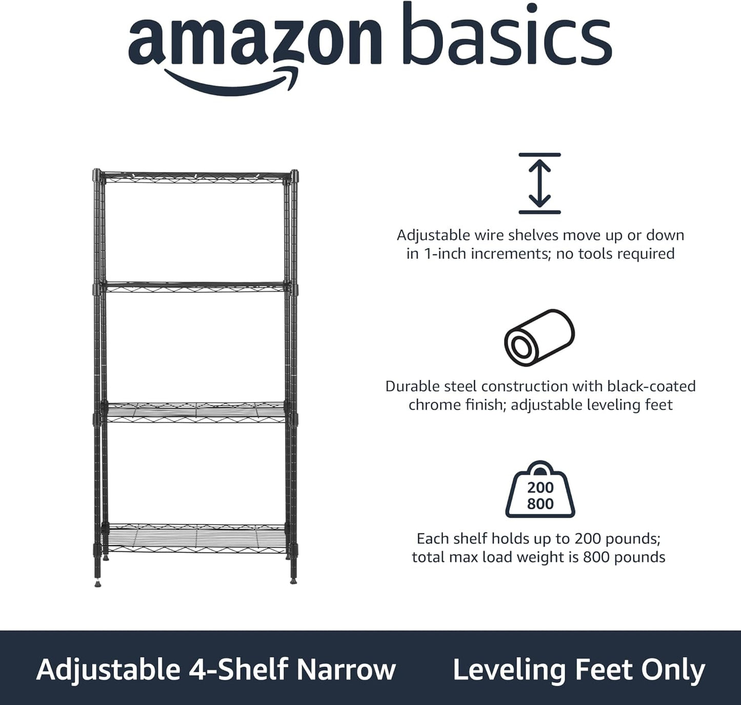 Amazon Basics 4-Shelf Steel Wire Storage Rack, Adjustable, Sturdy, Easy Assembly, 13.4 D x 23.2 W x 48 H in, Black