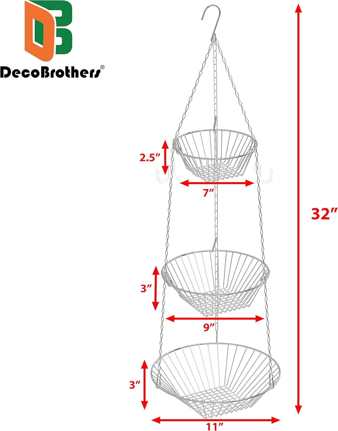 Deco Brothers Hanging Fruit Basket, 3-Tier, Chrome