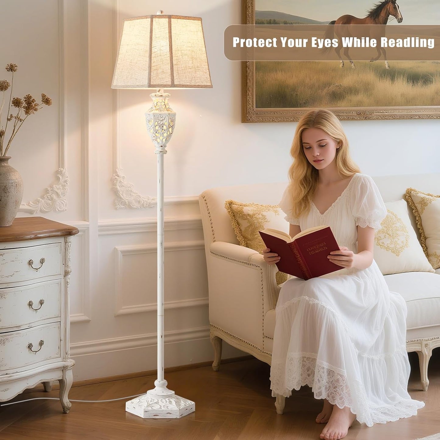 Luvkczc Rustic Floor Lamp - Resin Carved Base with Hollow Night Light, Farmhouse Cottage Decor, Vintage Standing Lamp for Living Room, Bedroom (Includes Bulb)