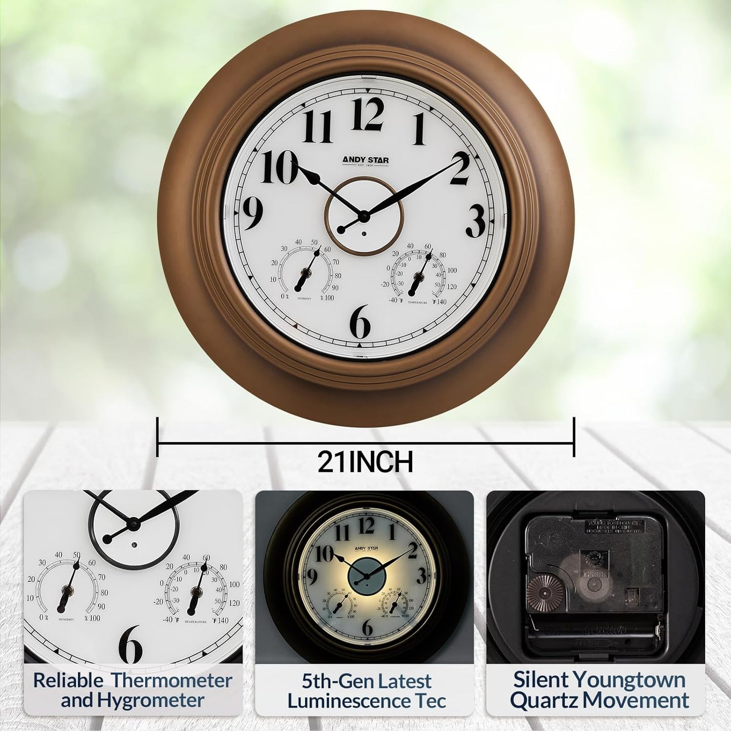 Andy Star 21 Inch Large Luminous Outdoor Wall Clock Waterproof with Temperature, Vintage Round Wall Clocks Battery, Oversized Pool Clock for Garden Patio Rustic Bronze Finish Silent Non Ticking Clock