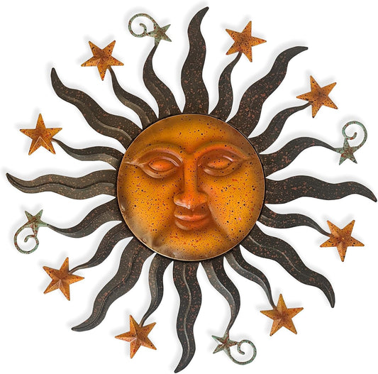 LIFFY 24" Sun Face Metal Wall Art for Outdoor Decor - Solar Themed Hanging Sculpture, Weather-Resistant Garden Patio Wall Décor, Farmhouse Home Accent Gift (Antique Bronze Finish)