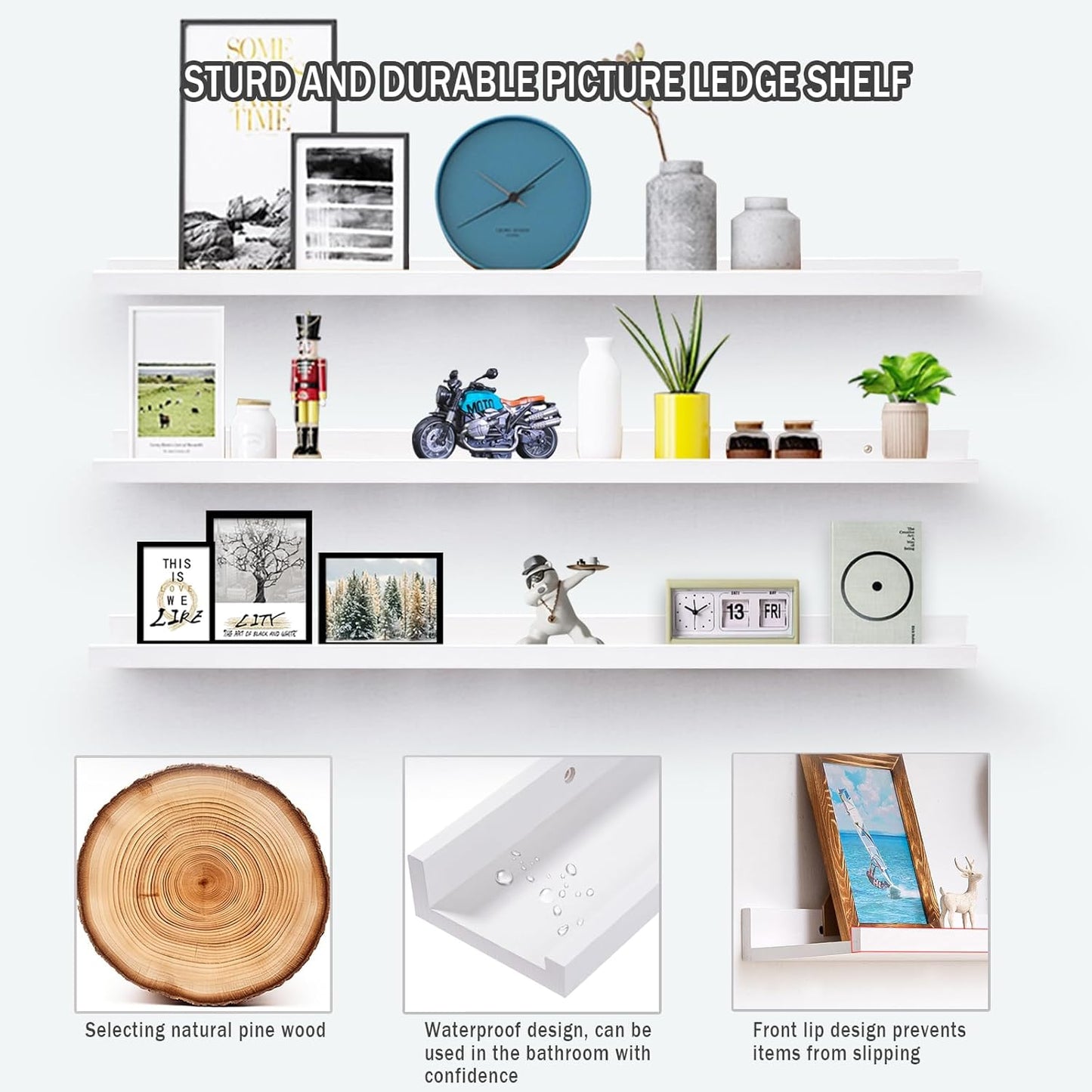 AZSKY 48 Inch White Large Picture Ledges Wood Photo Display Shelf Long Shallow Picture Shelf for Pictures with Lip Wall Mounted Set of 3 for Living Room Bedroom Bathroom Kitchen Same Sizes