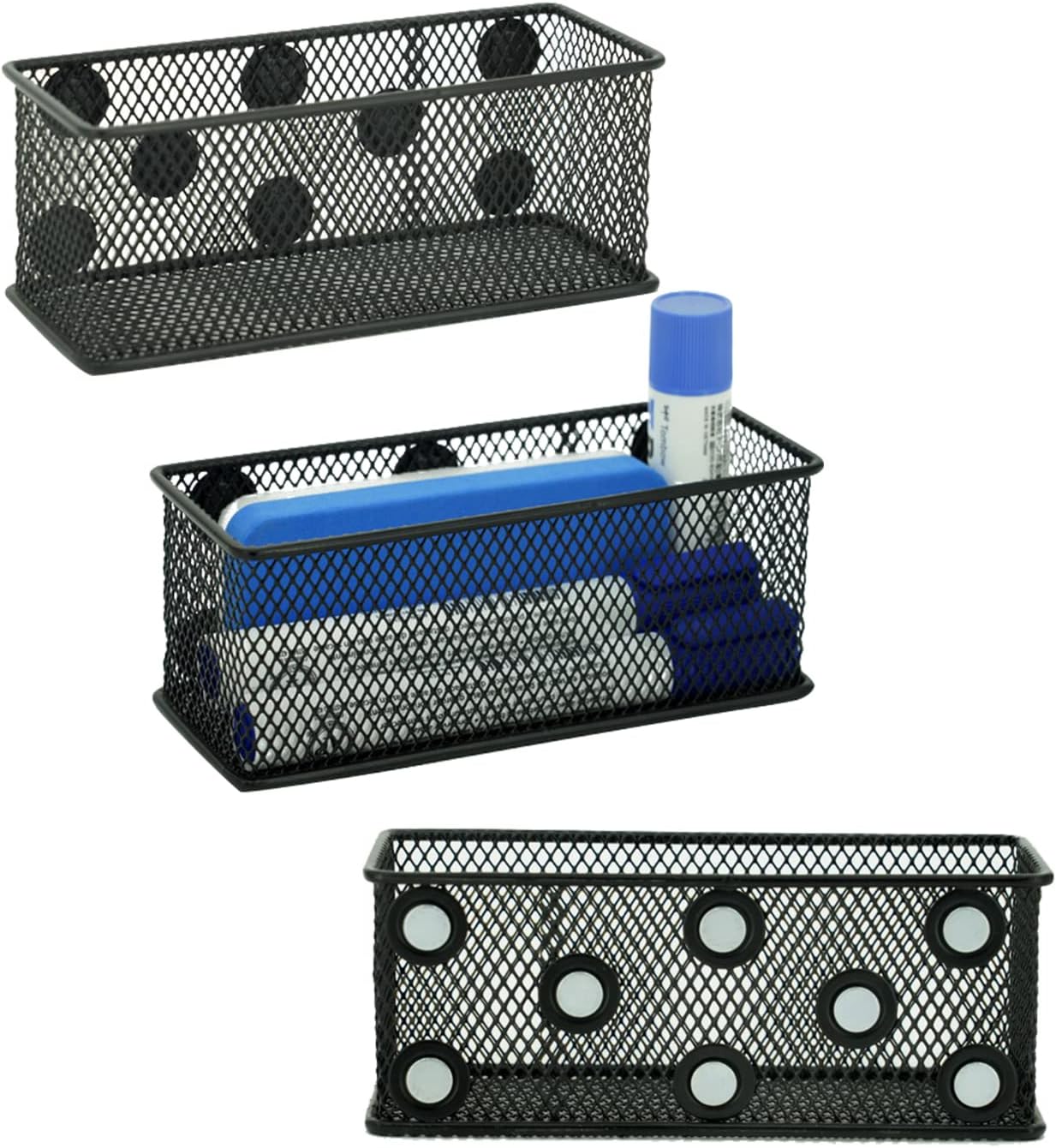 Neudeco Magnetic Locker Organizer and Accessories，Wire Mesh Magnetic Storage Basket ,Magnetic Holder for Dry Erase Markers,Strong Magnet Pen Holder for Fridge School,Pack 3 (Black)