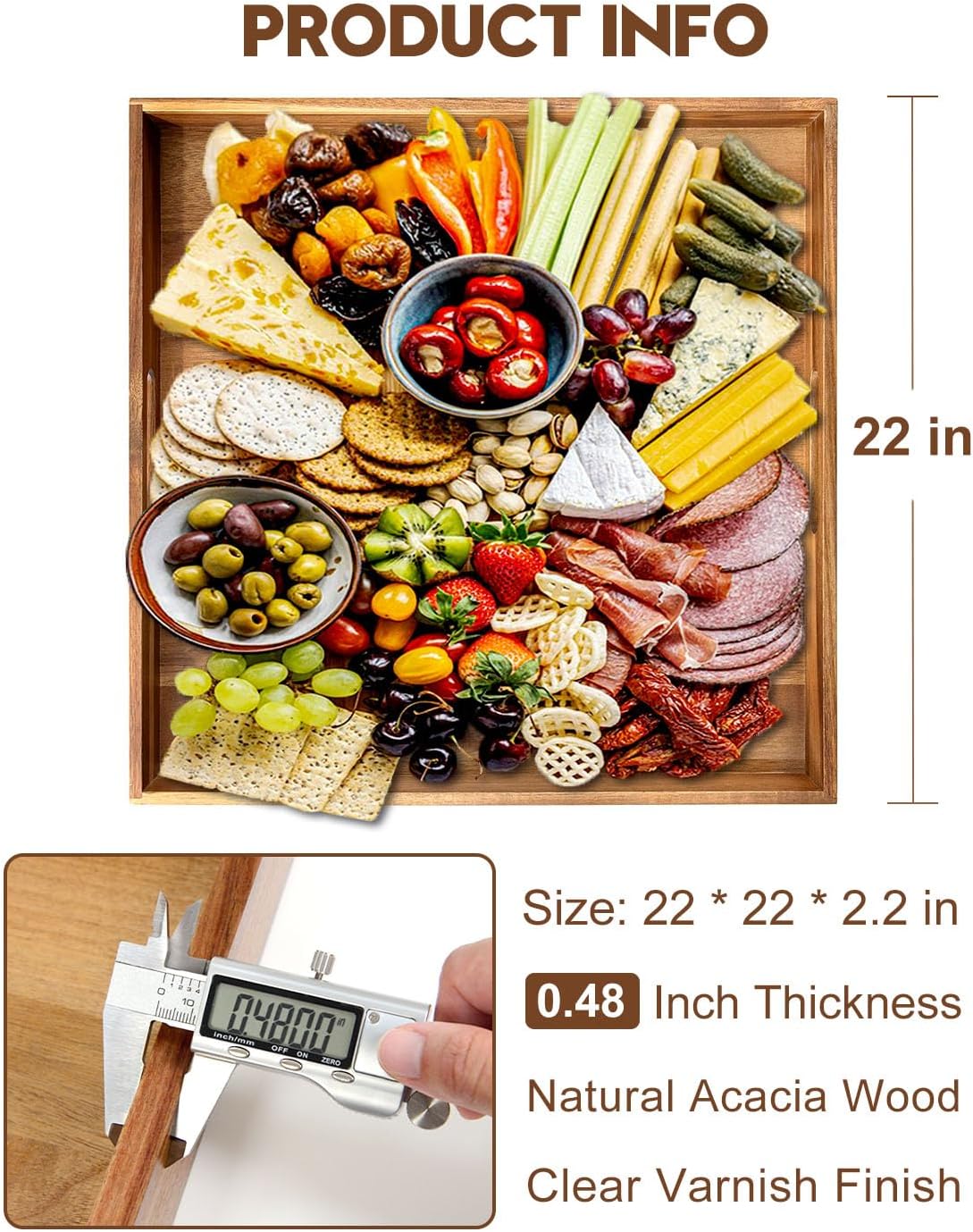 22 Inches Square Acacia Wood Ottoman Tray, Extra Large Wooden Serving Tray with Handles for Living Room, Serving Food Breakfast, Ottoman Coffee Table Couch Sofa Kitchen