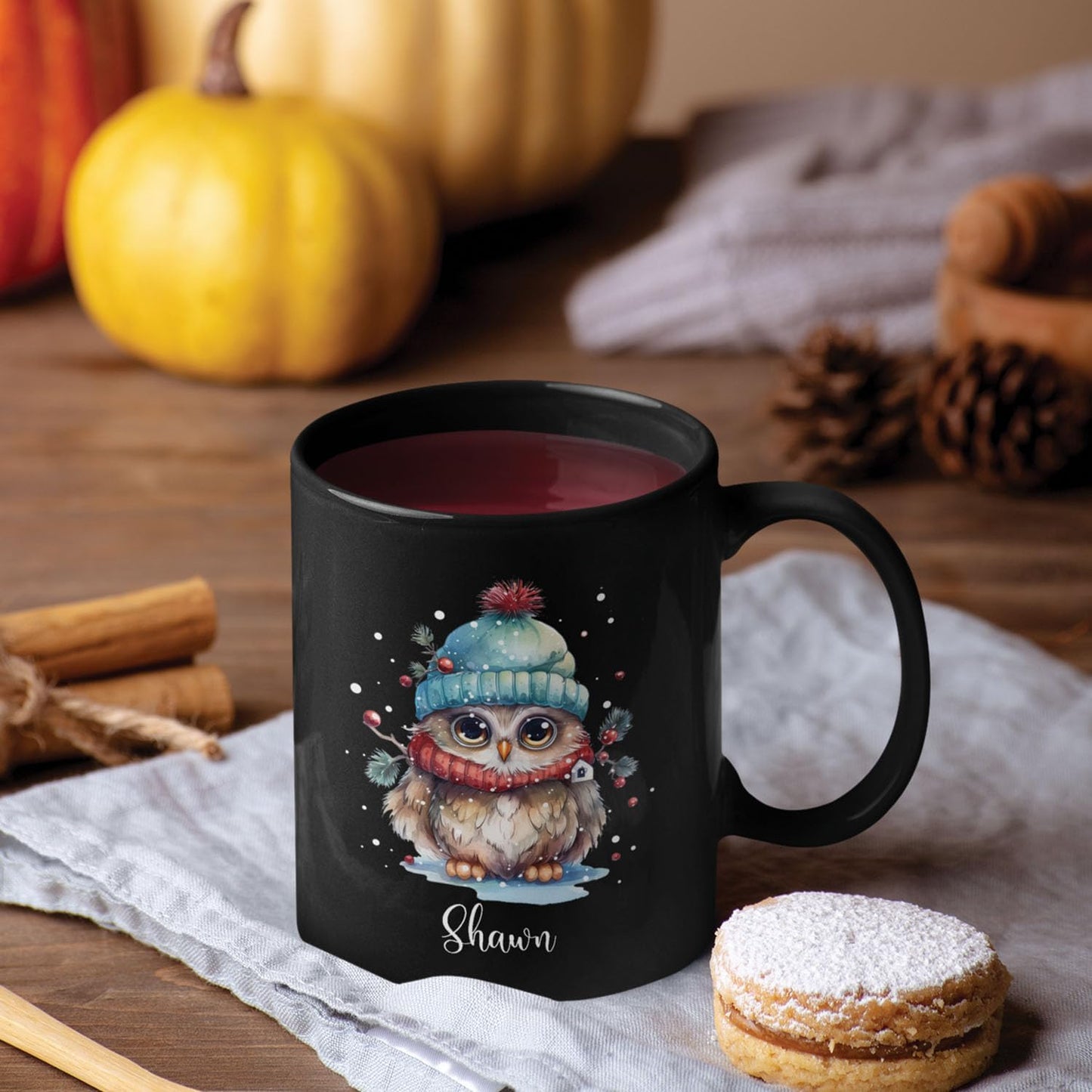 Winter Owl Design Coffee Mug - Custom Christmas Animal Black Cup, Personalized Name Themed 11oz 15oz Ceramic Cup for Owl Lovers, Xmas Decorative Gift
