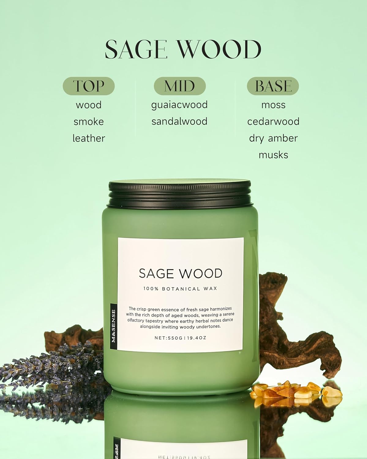 M&SENSE Sage Wood Scented Candle, 19.4oz 110 Hours Long Lasting Clean Non Toxic All Natural Soy Wax Candle for Relaxing & Stress Relief, 2 Wick Home Fragrance Gifts for Home Decor