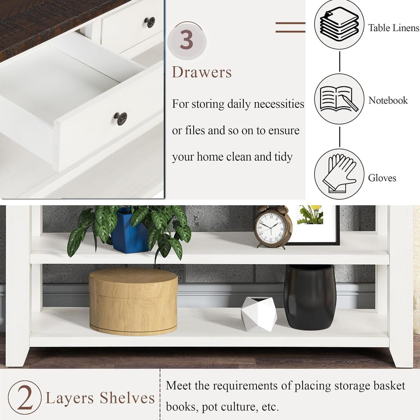 Solid Wood Console Table,Sofa Table with Storage Drawers and Bottom Shelf,Entryway Table for Entry Hallway Foyer Sofa Couch Table,Fully Assembled (48.8" Antique White)