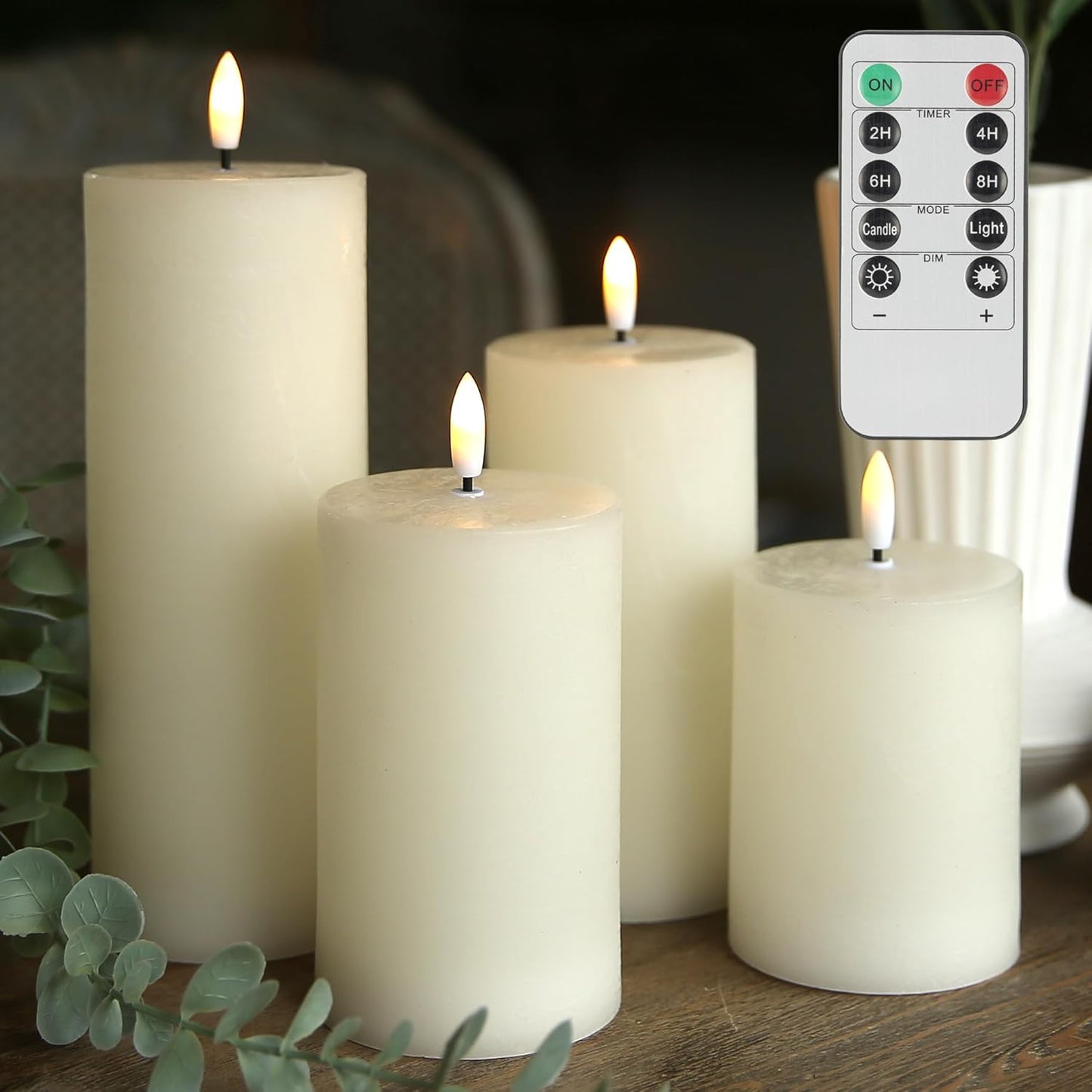 LUSHABOR Flameless Candles, 4 Pack Battery Operated Candles with Remote, Real Wax LED Fake Candles with Timer Flickering for Christmas Wedding Home Party D3 H 5" 6" 7" 9" Ivory