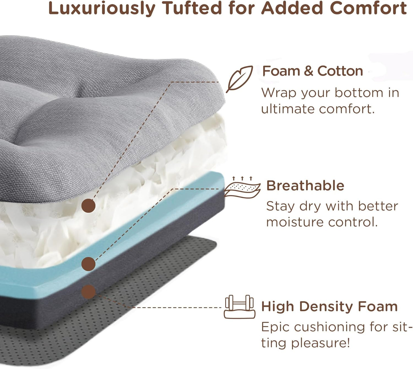 Codi Dining Chair Cushions 4 Pack, Thick Chairs Pads for Indoor Kitchen Room - Washable, Non-Slip Seat Cushion with Ties, 16.5"x16.5"x 3.5", Set of 4, Grey